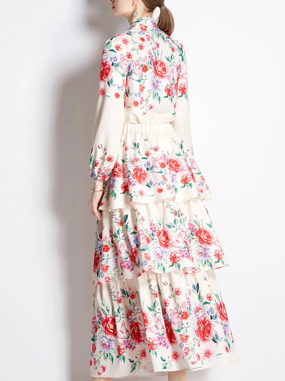 2PS White Rose Print Shirt With Bowknot Long Sleeve And Tiered Skirt Suit