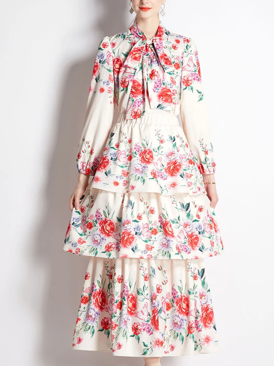 2PS White Rose Print Shirt With Bowknot Long Sleeve And Tiered Skirt Suit