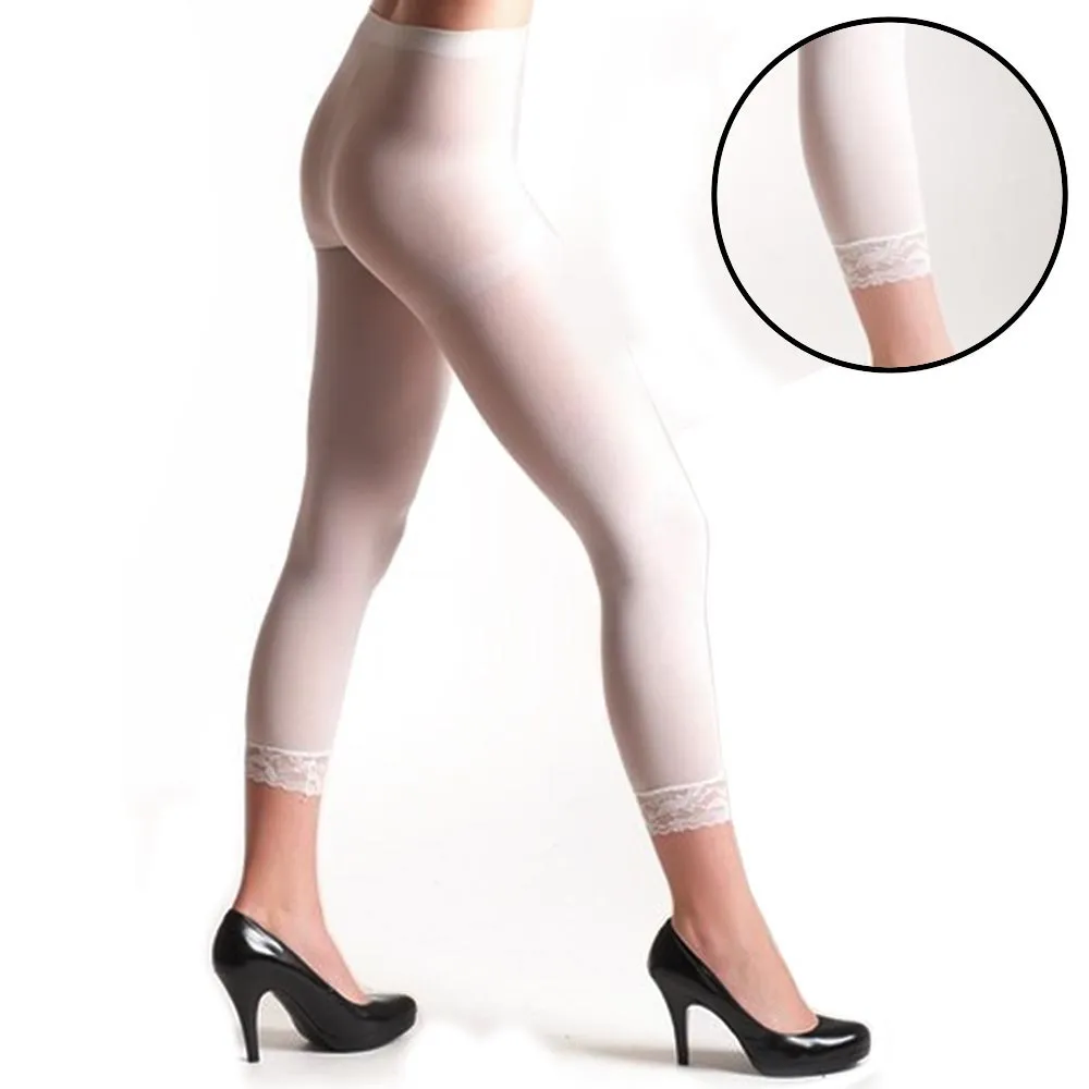 6PC White Ladies Footless Tights Lace Trim Capri Opaque Slim Super Soft One Size