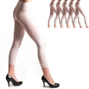 6PC White Ladies Footless Tights Lace Trim Capri Opaque Slim Super Soft One Size