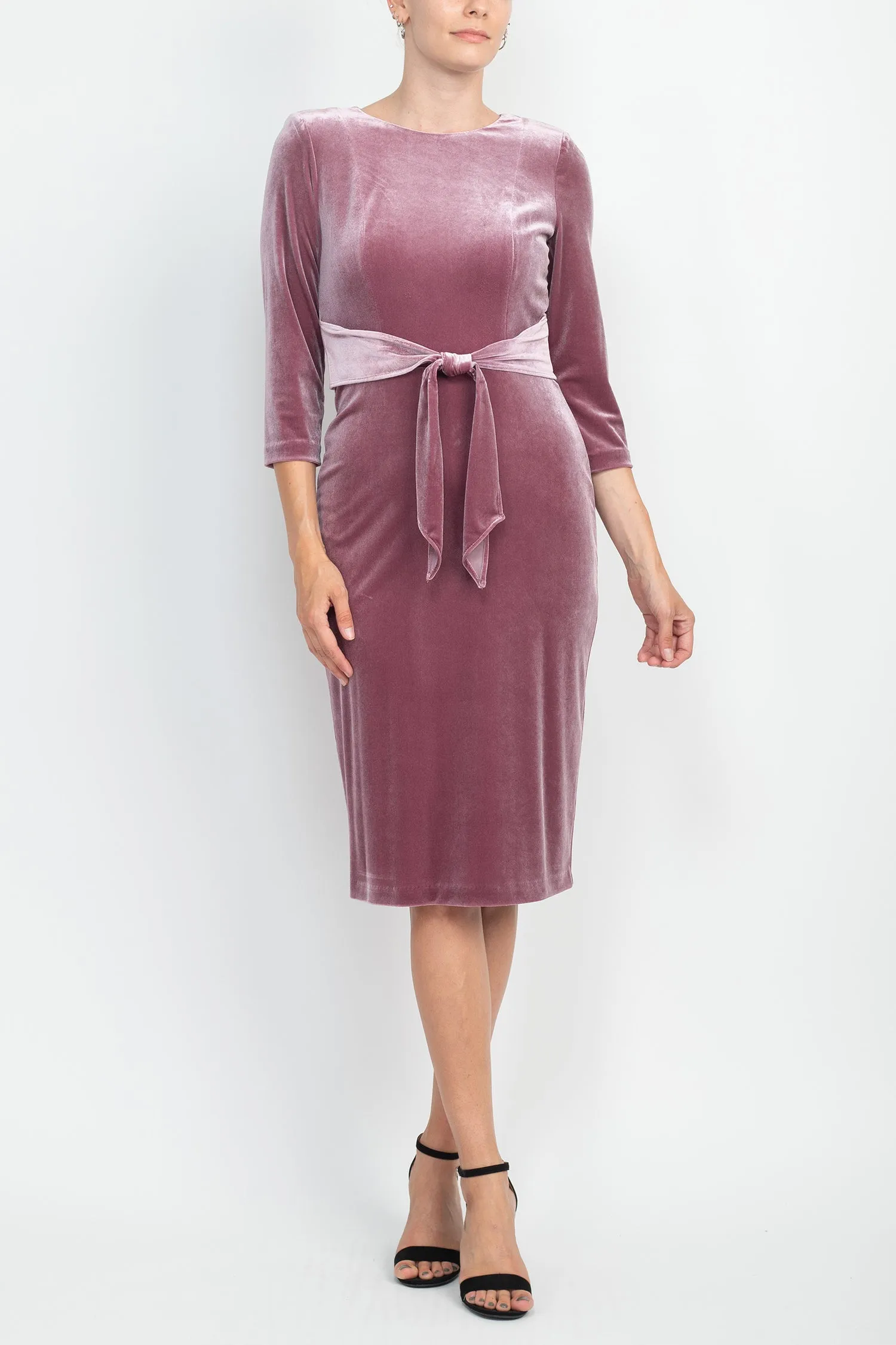 Adrianna Papell Boat Neck 3/4 Sleeve Solid Tie Front Short Velvet Dress