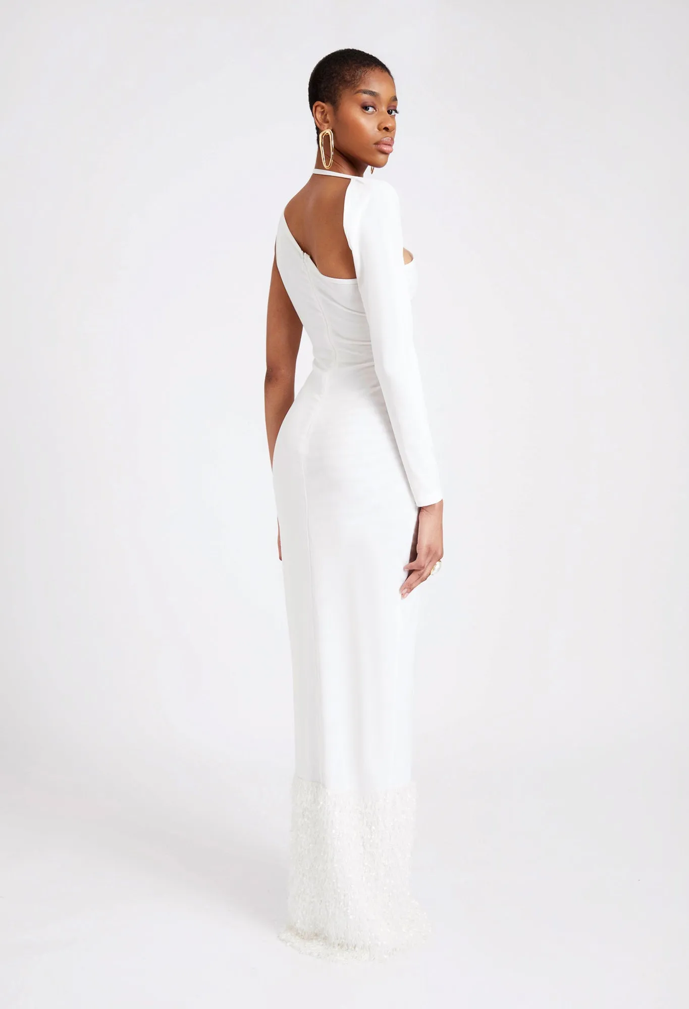 Asymmetric Mesh Fur Trim Maxi - Yacht White