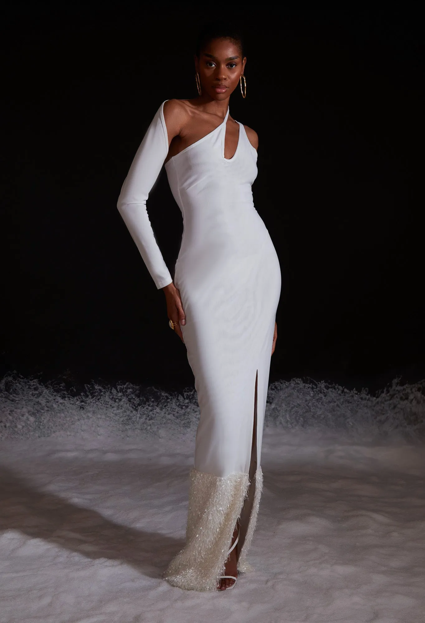 Asymmetric Mesh Fur Trim Maxi - Yacht White