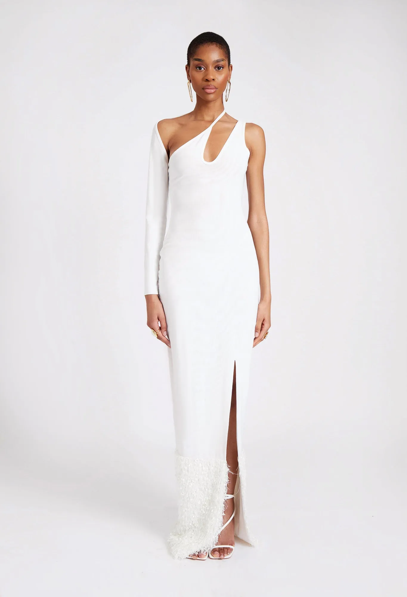 Asymmetric Mesh Fur Trim Maxi - Yacht White