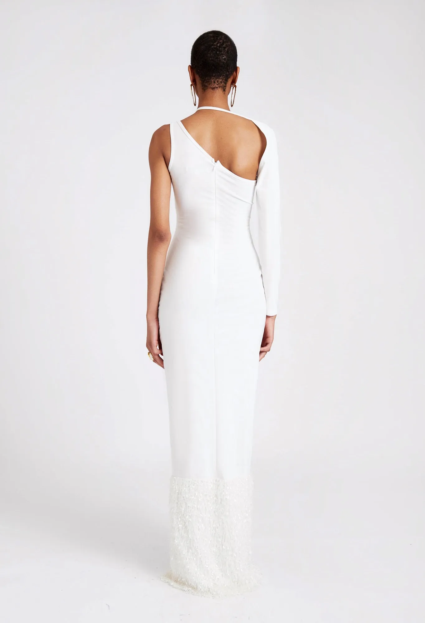 Asymmetric Mesh Fur Trim Maxi - Yacht White