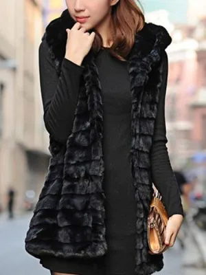 Black Hooded Vest Faux Fur Polyester Trendy Vest For Women