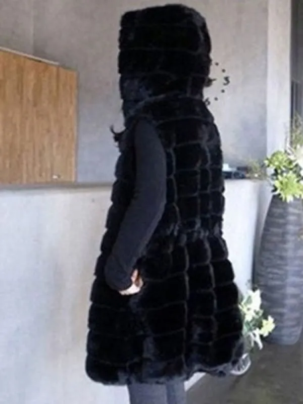 Black Hooded Vest Faux Fur Polyester Trendy Vest For Women