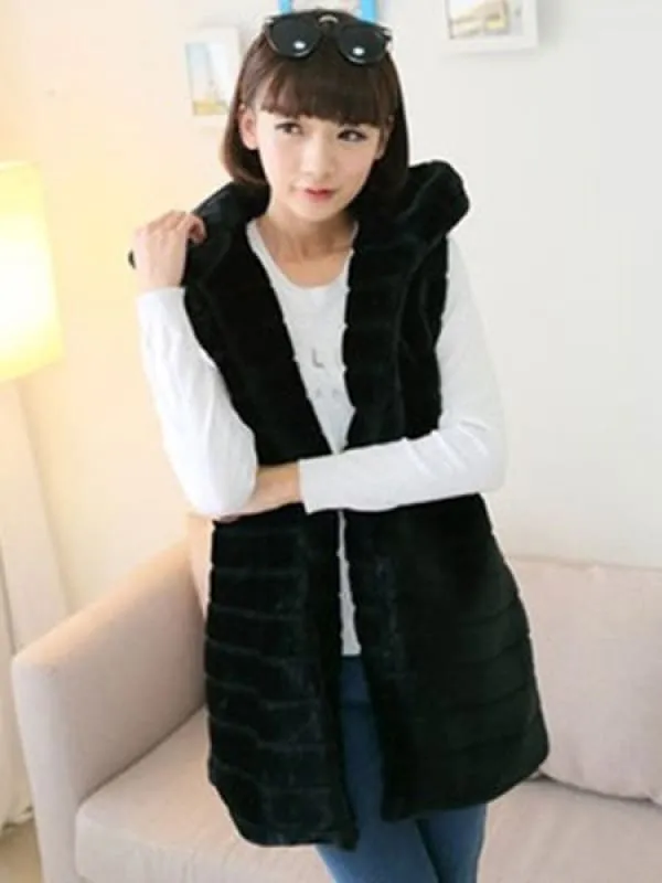 Black Hooded Vest Faux Fur Polyester Trendy Vest For Women