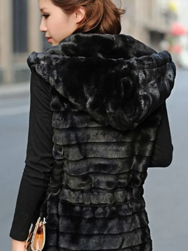 Black Hooded Vest Faux Fur Polyester Trendy Vest For Women