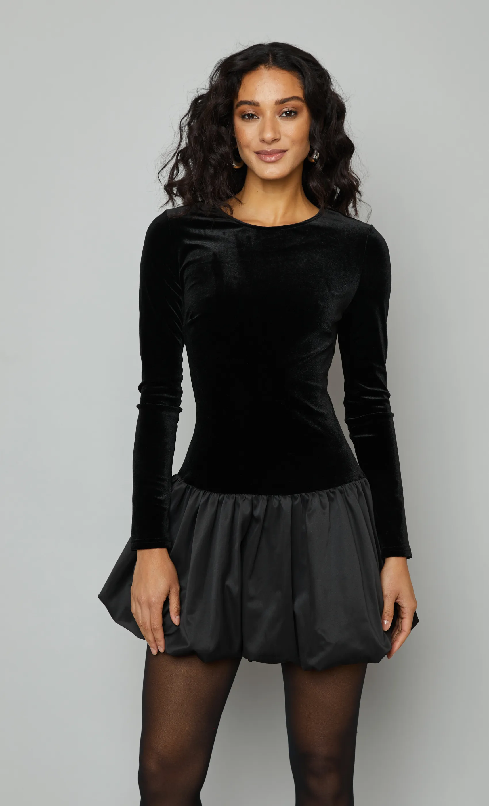 Black Puffball Velvet Mini Dress