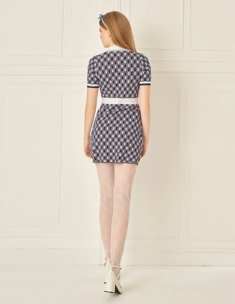 BORA AKSU Retro Contrasting Geometric Pattern Lapel Knitted Dress