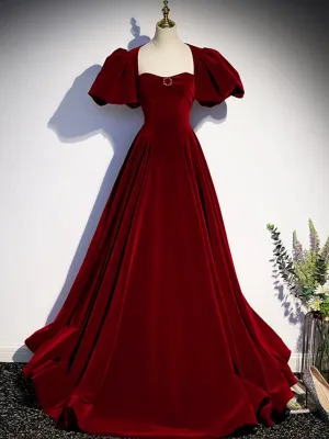 Burgundy Velvet Floor Length Prom Dress Beautiful Open Back Evening Dress with Pearls