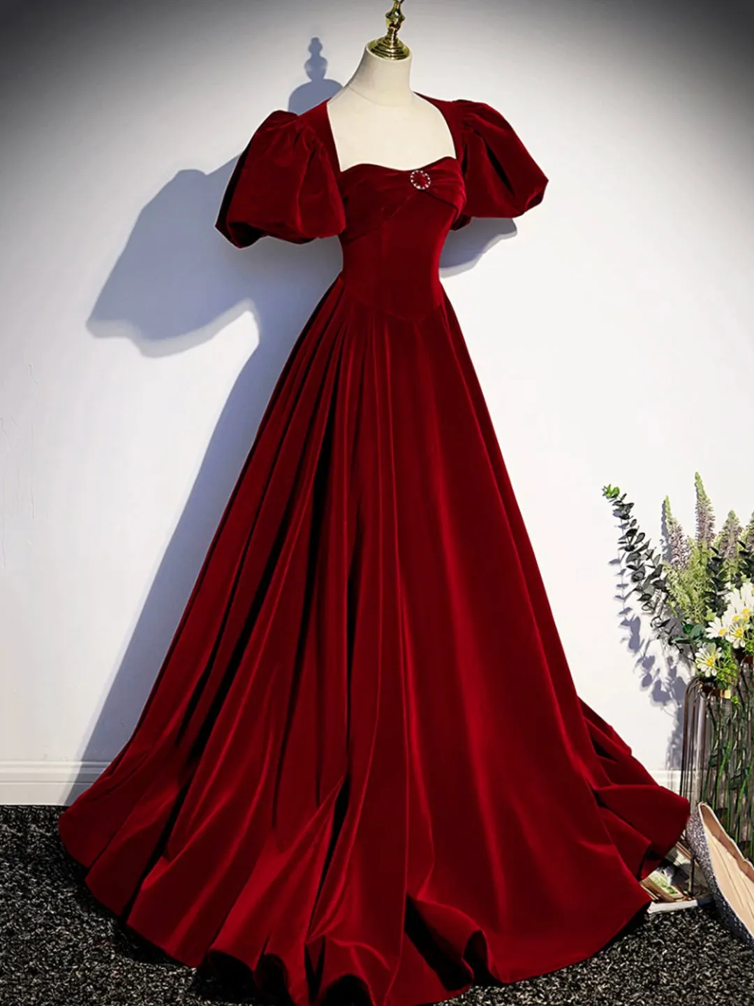 Burgundy Velvet Floor Length Prom Dress Beautiful Open Back Evening Dress with Pearls