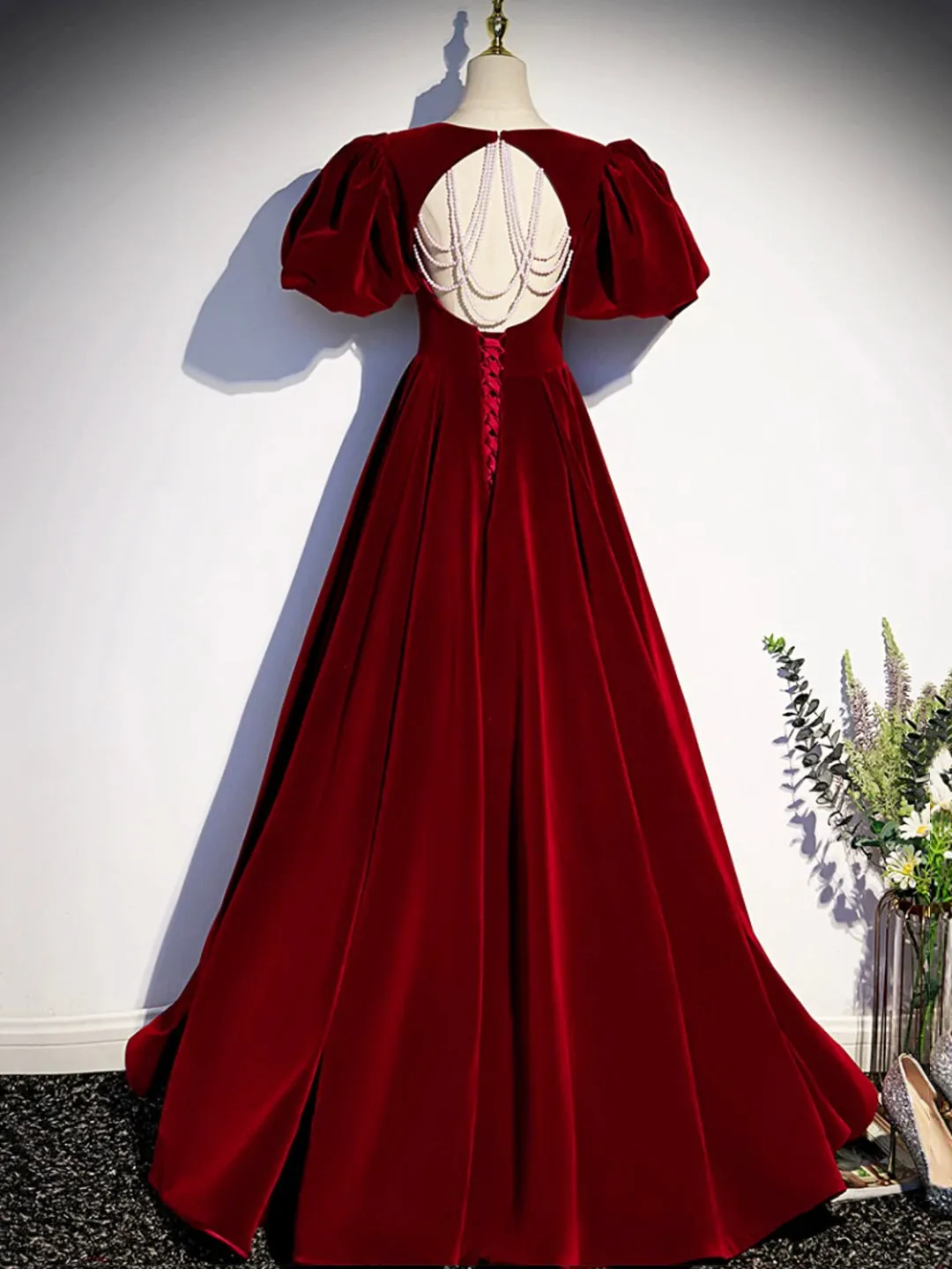 Burgundy Velvet Floor Length Prom Dress Beautiful Open Back Evening Dress with Pearls