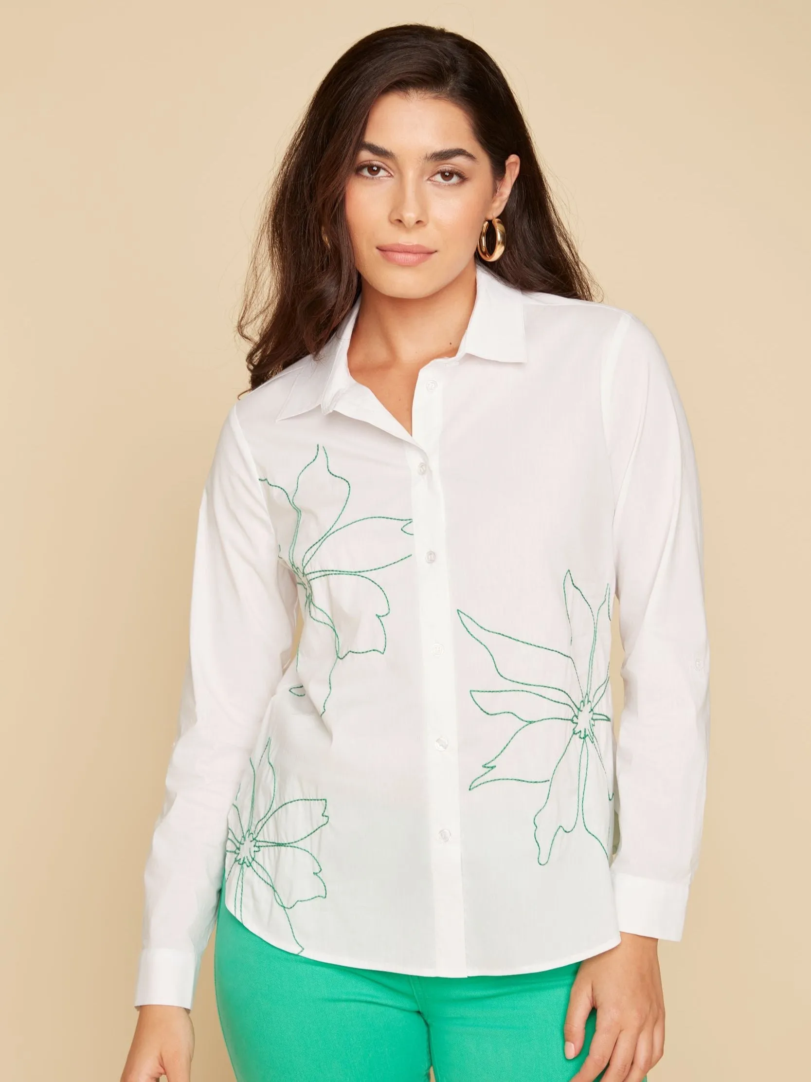 Floral Embroidered Button Down Jade by Renuar