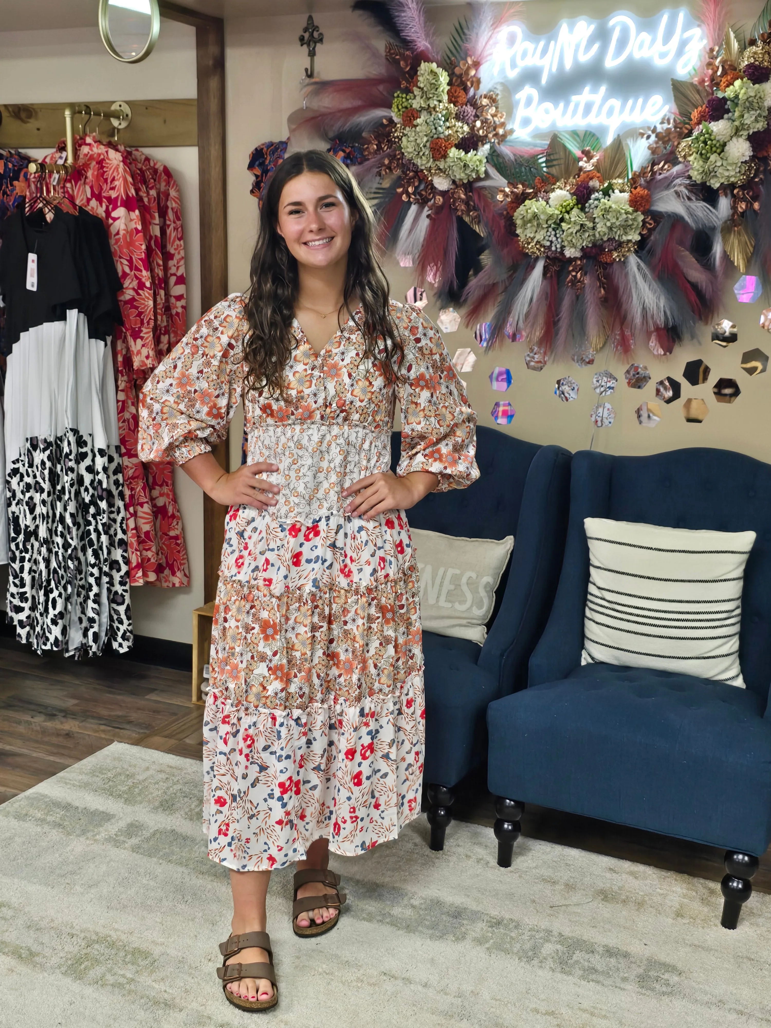 Floral Print Ruffled Tiered Long Sleeve V Neck Midi Dress