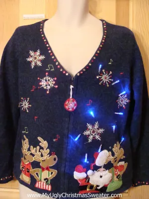 Funny Christmas Sweater with Lights Santa Reindeer Fancy Snow