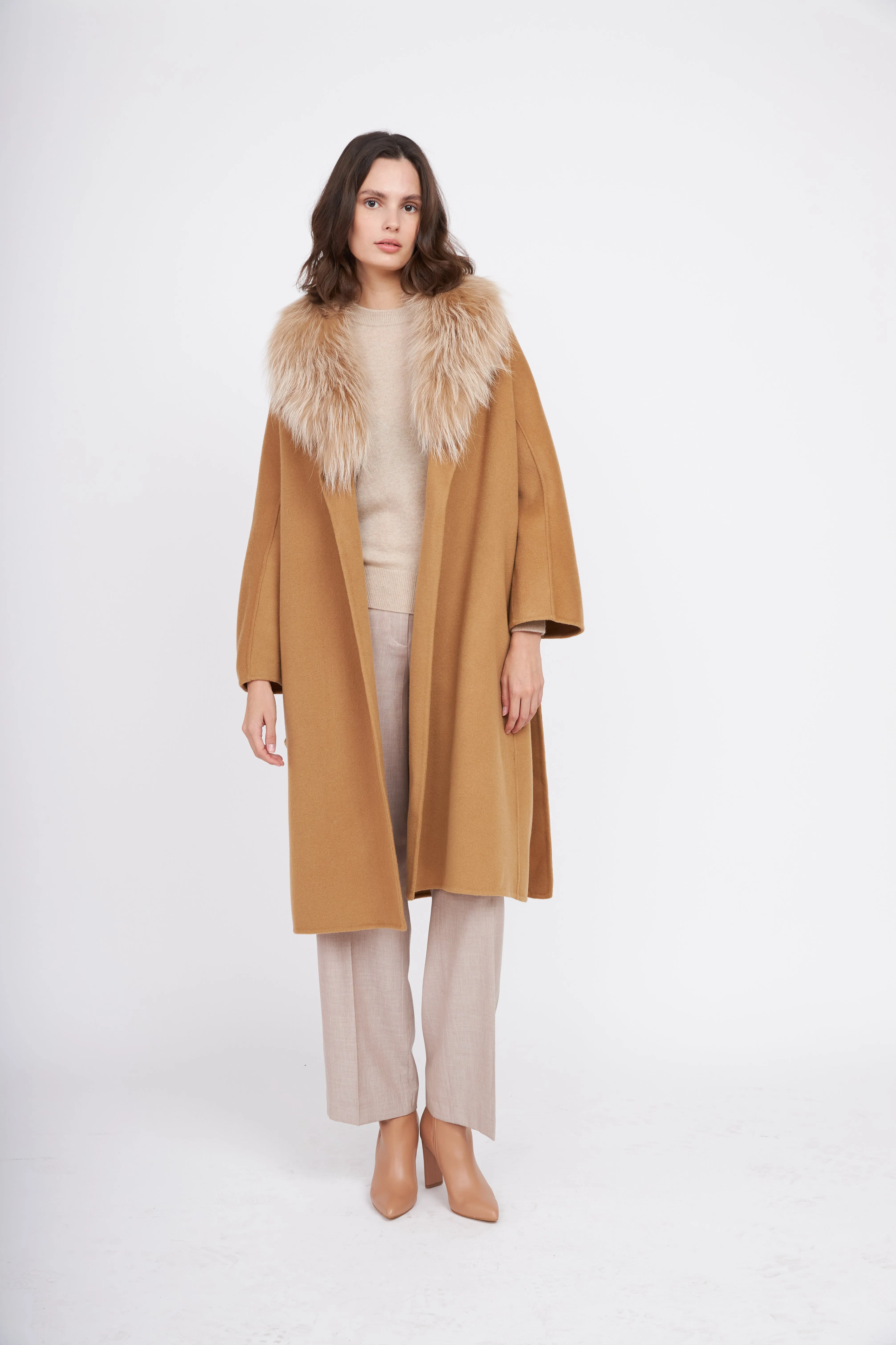 Fur Shawl Collar Cashmere Coat - Camel