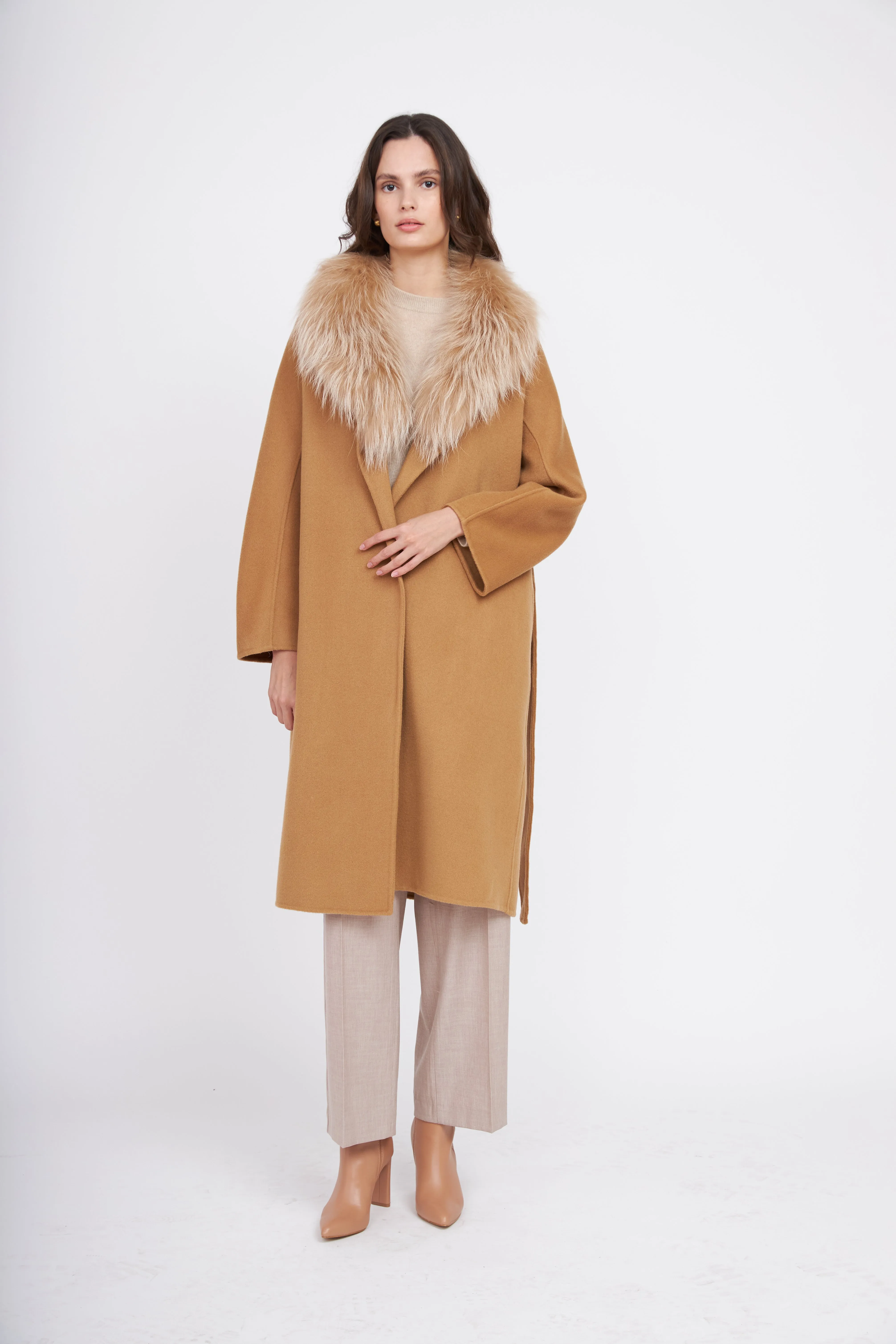 Fur Shawl Collar Cashmere Coat - Camel