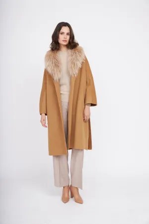 Fur Shawl Collar Cashmere Coat - Camel