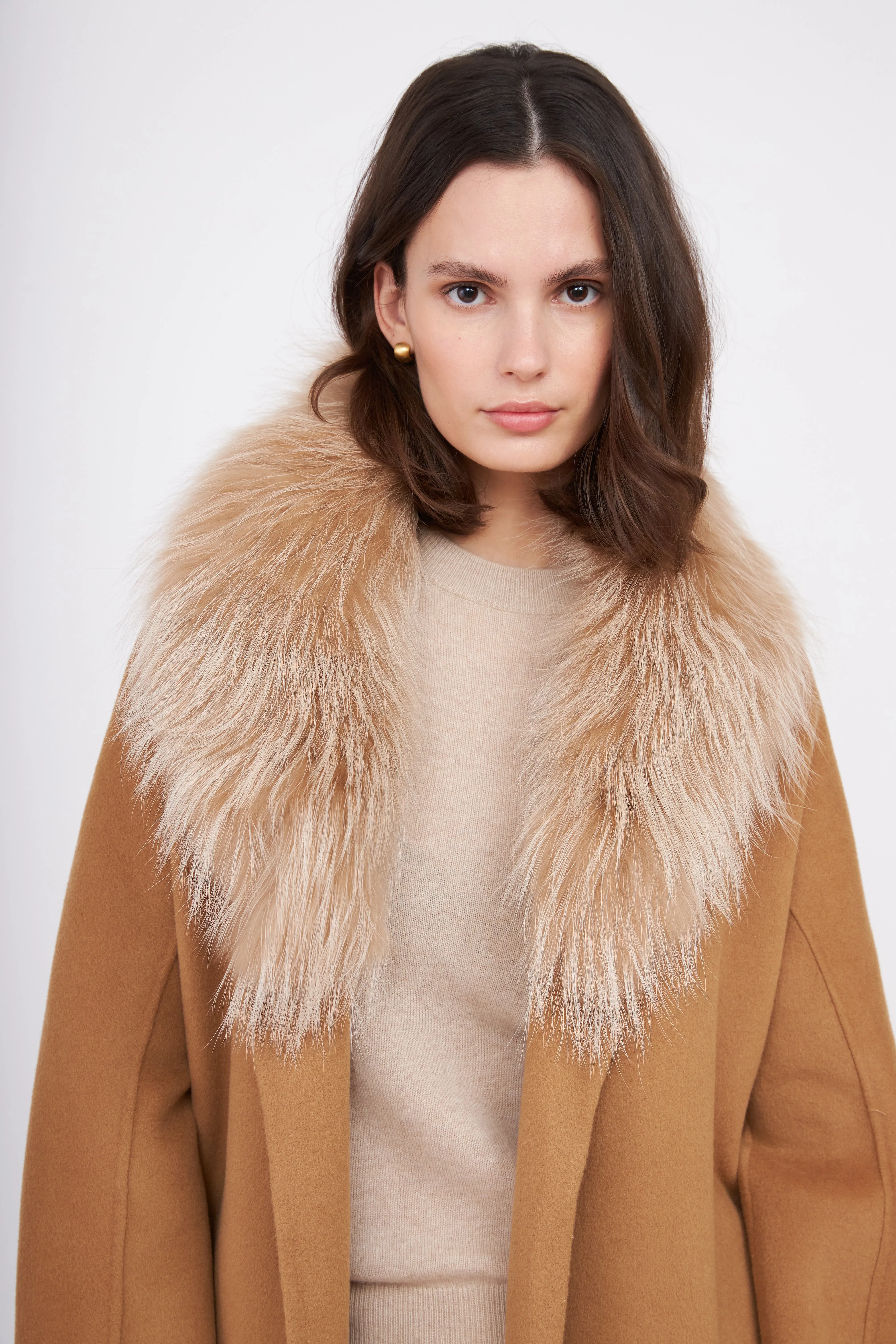 Fur Shawl Collar Cashmere Coat - Camel