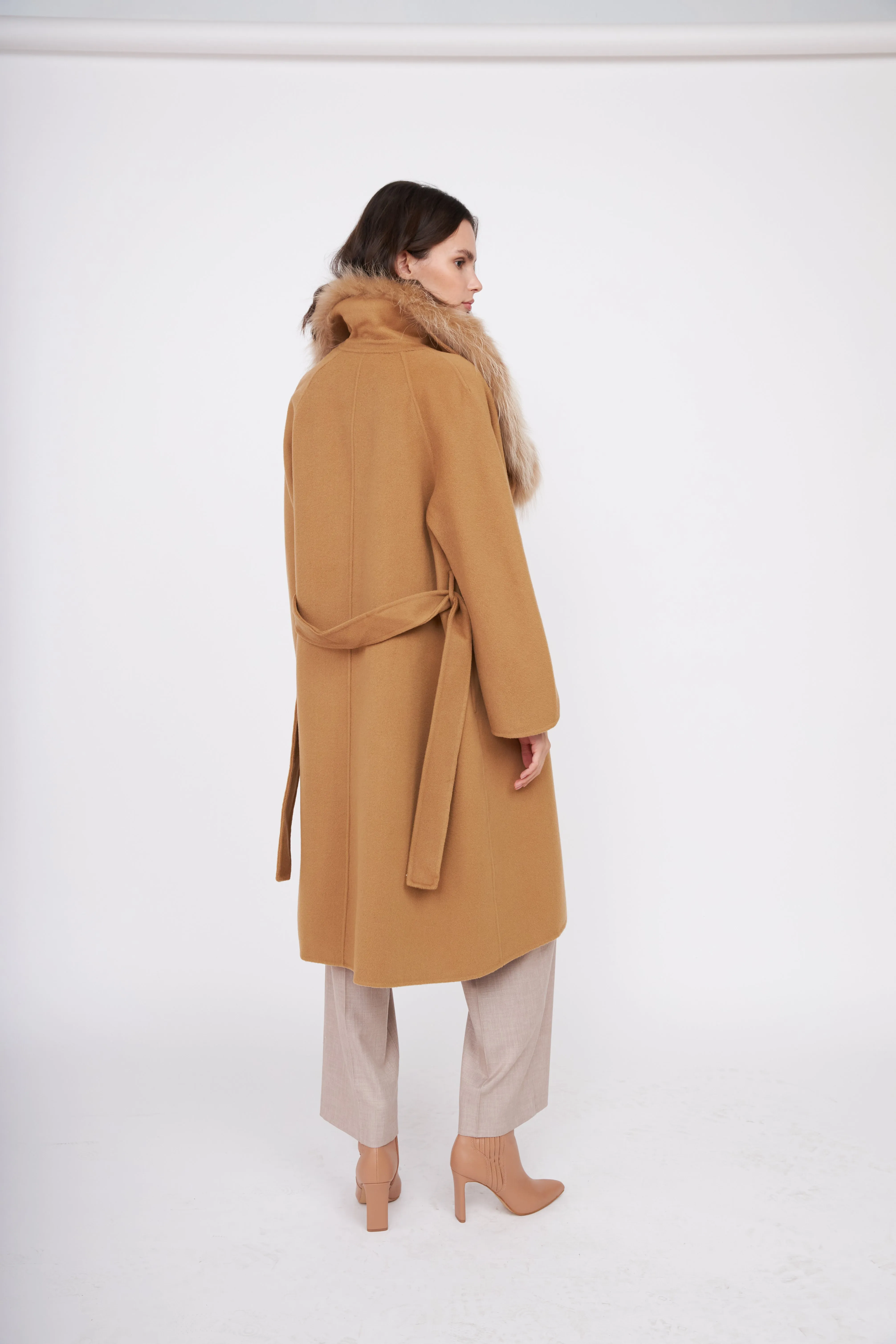 Fur Shawl Collar Cashmere Coat - Camel