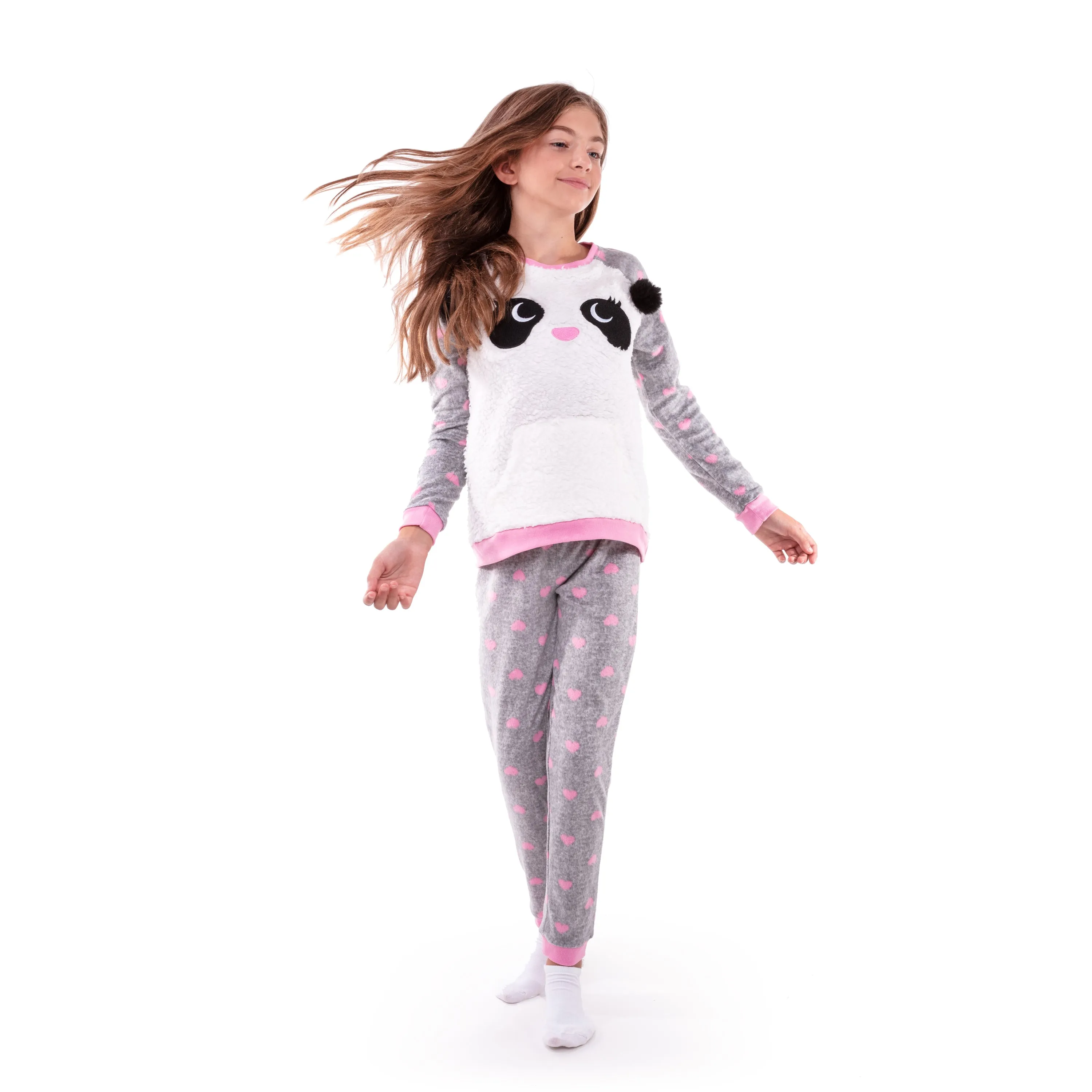 Girls Fuzzy Panda Soft Novelty Fleece 2-Piece Pajama Sleep Pant Set