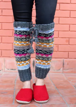 Grey Pink Multicolor Winter Legwarmers with Knitted Lace