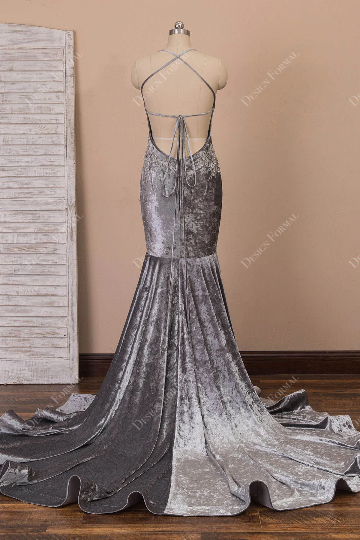 Grey Velvet Pearls Flowers Halter V-neck Mermaid Prom Dress