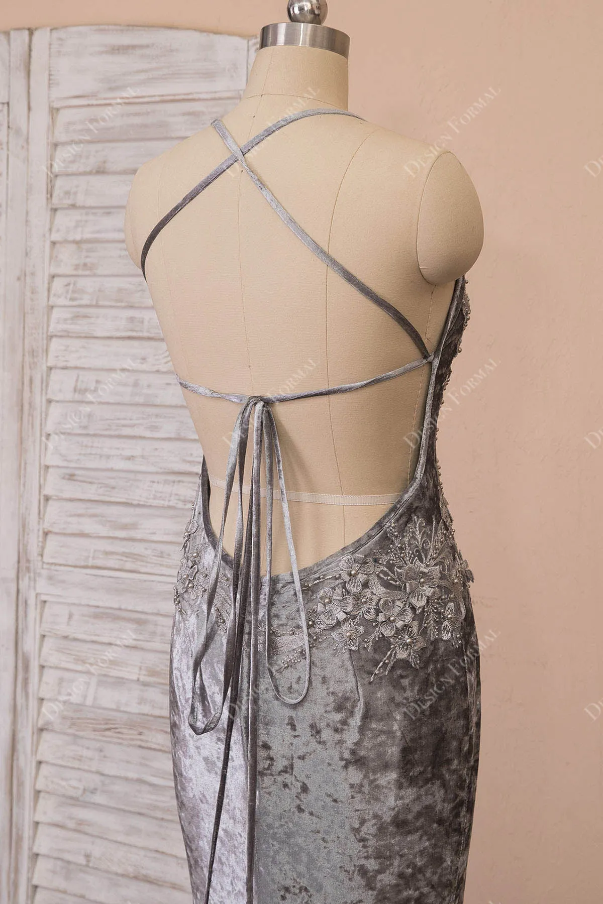 Grey Velvet Pearls Flowers Halter V-neck Mermaid Prom Dress