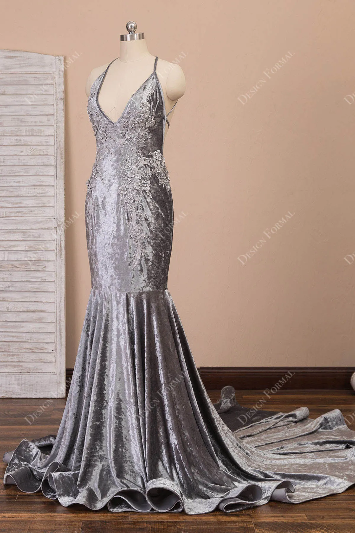 Grey Velvet Pearls Flowers Halter V-neck Mermaid Prom Dress