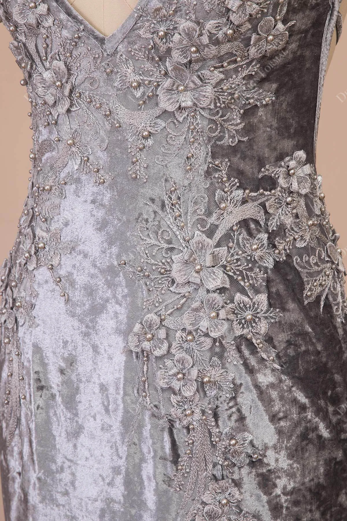 Grey Velvet Pearls Flowers Halter V-neck Mermaid Prom Dress