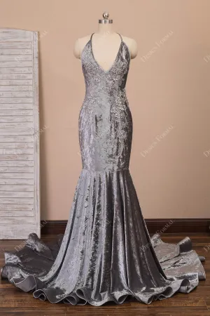 Grey Velvet Pearls Flowers Halter V-neck Mermaid Prom Dress