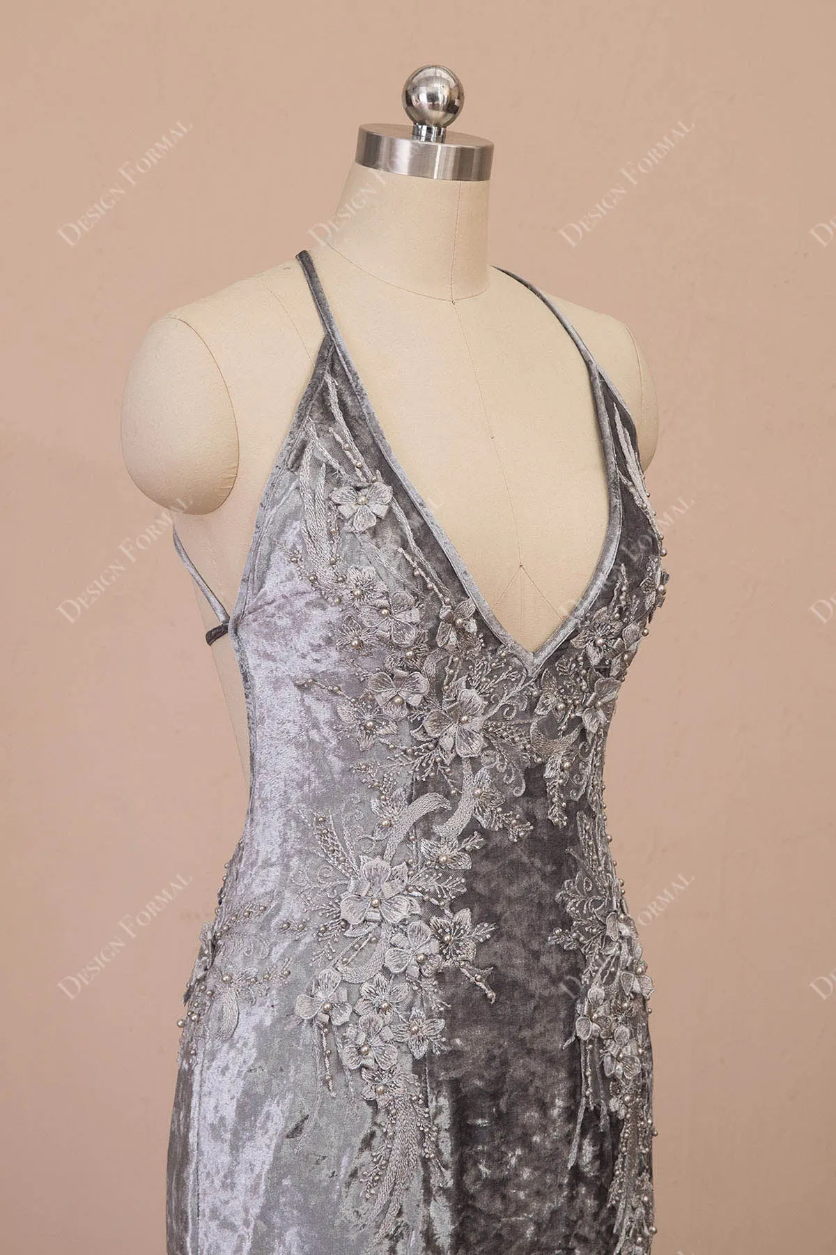 Grey Velvet Pearls Flowers Halter V-neck Mermaid Prom Dress