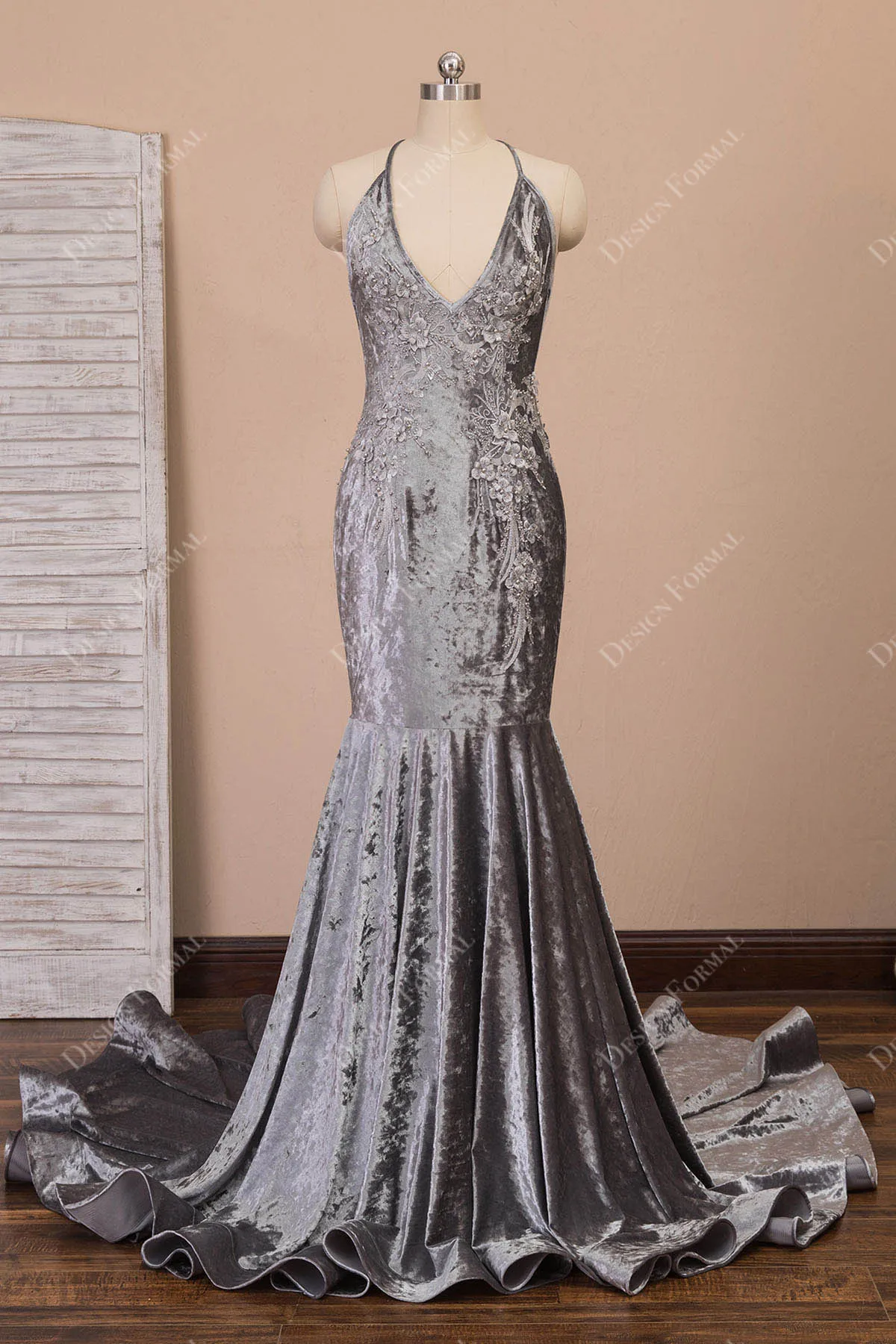 Grey Velvet Pearls Flowers Halter V-neck Mermaid Prom Dress