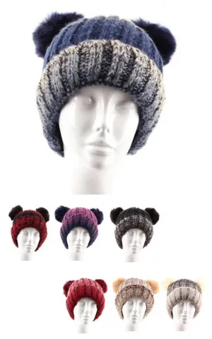 HY5929 Double Pompom Knit Beanie Fur Lining Hats Pack (JSP)