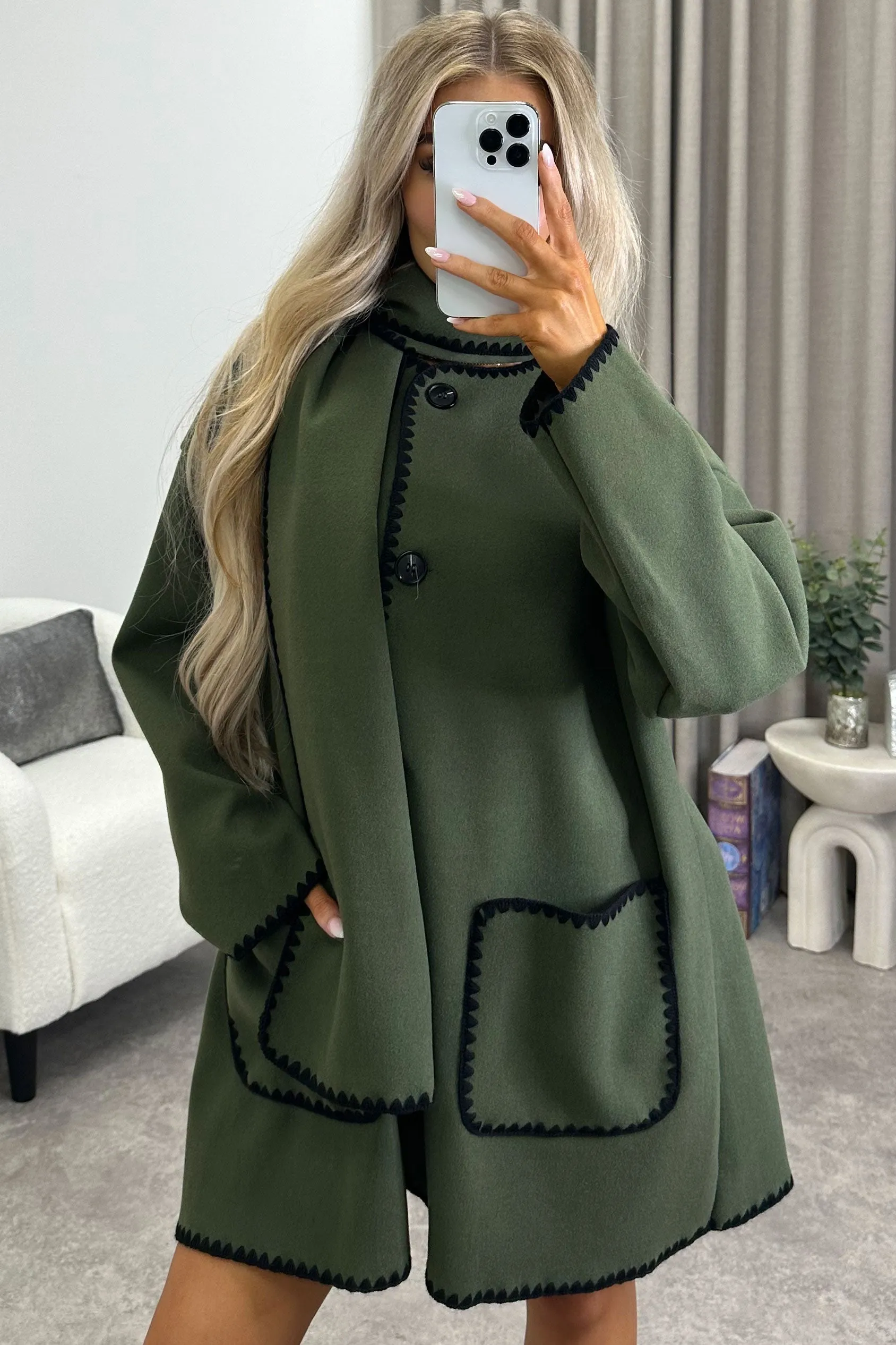 Kandice Khaki Wool Look Contrasting Trim Scarf Tailored Coat