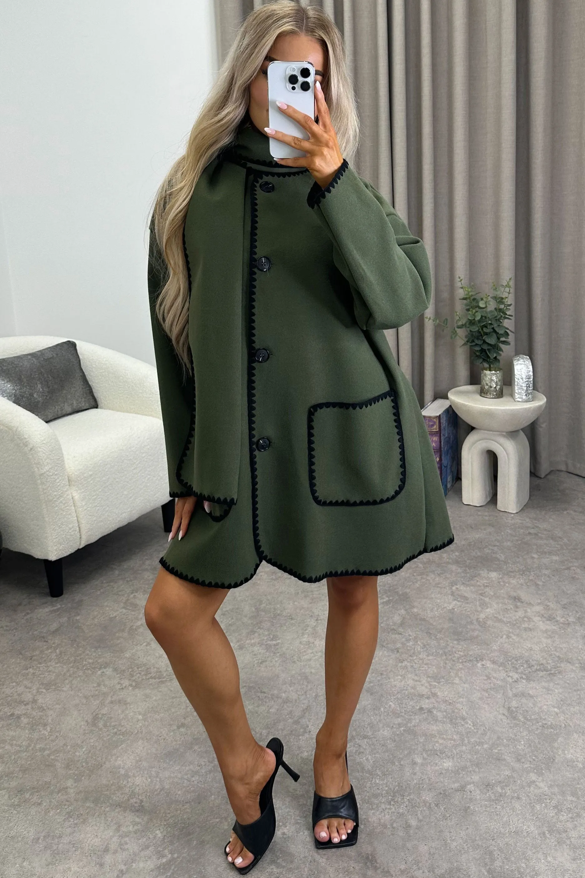 Kandice Khaki Wool Look Contrasting Trim Scarf Tailored Coat