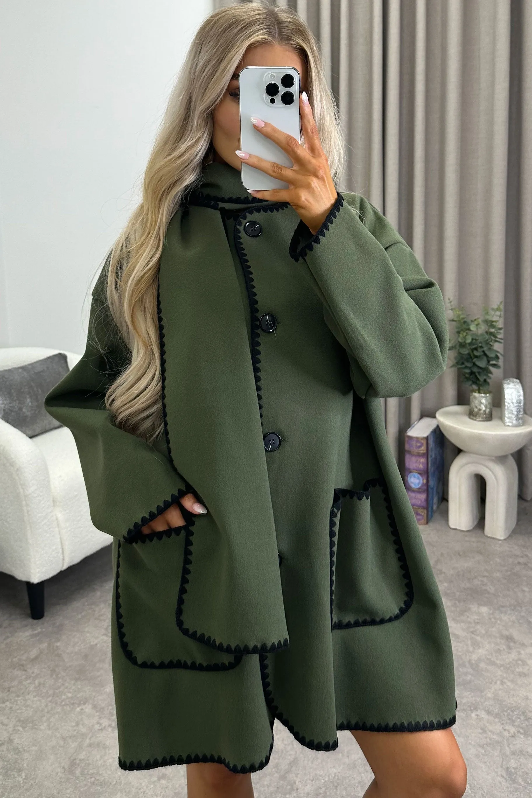 Kandice Khaki Wool Look Contrasting Trim Scarf Tailored Coat