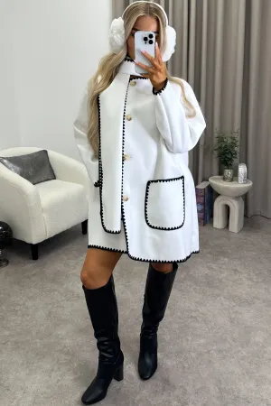 Kandice White Wool Look Contrasting Trim Scarf Tailored Coat