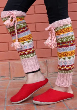 Light Pink Multicolor Hand Knitted Winter Legwarmers