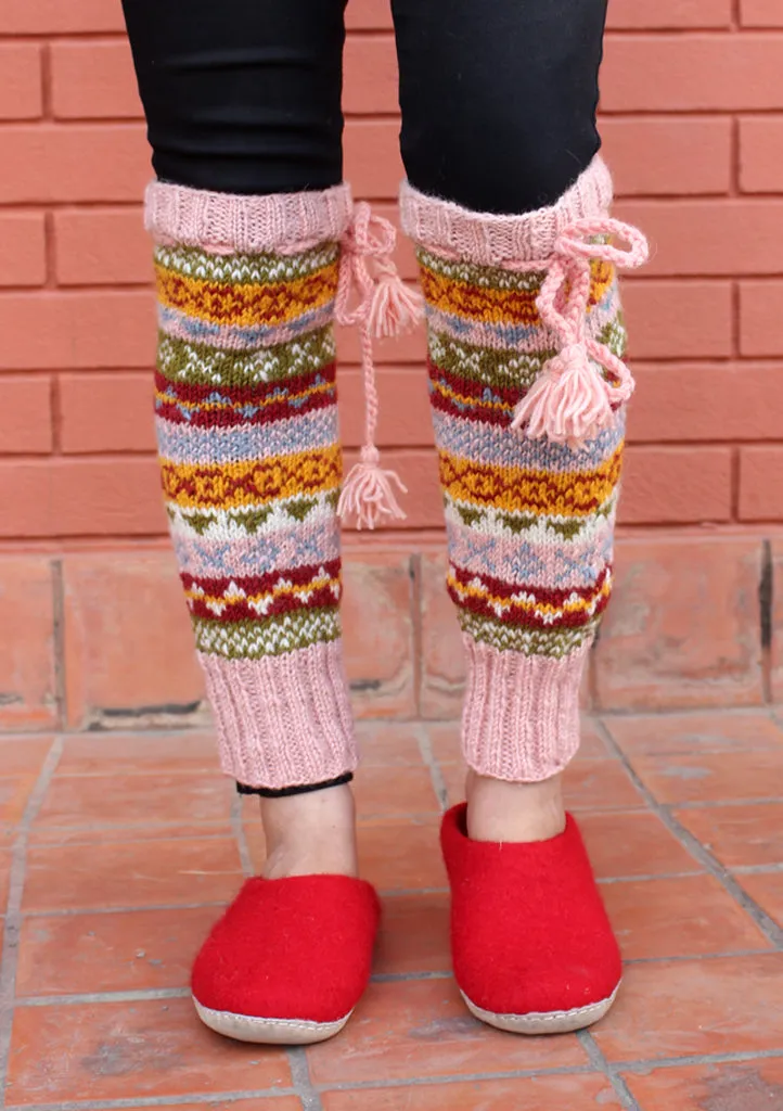 Light Pink Multicolor Hand Knitted Winter Legwarmers
