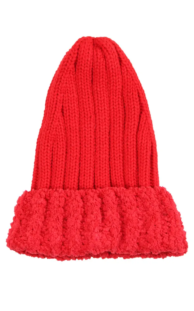 LOH080 Faux Fur Trim Knit Beanie Hat