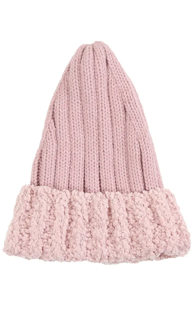 LOH080 Faux Fur Trim Knit Beanie Hat
