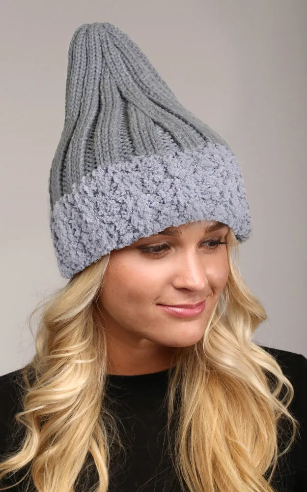 LOH080 Faux Fur Trim Knit Beanie Hat