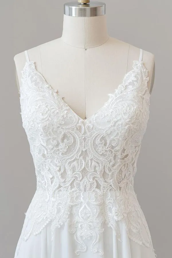 Long A-line Sweetheart Spaghetti Strap Appliques Chiffon Wedding Dress