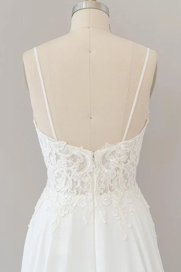 Long A-line Sweetheart Spaghetti Strap Appliques Chiffon Wedding Dress