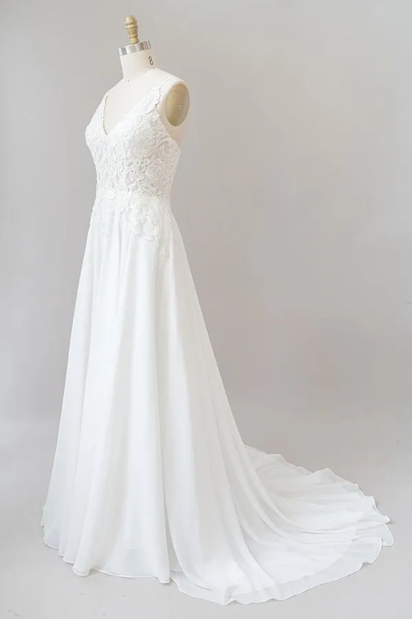 Long A-line Sweetheart Spaghetti Strap Appliques Chiffon Wedding Dress