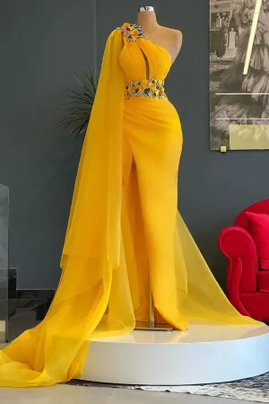 Long Mermaid One Shoulder Beading Tulle Prom Dress with Slit