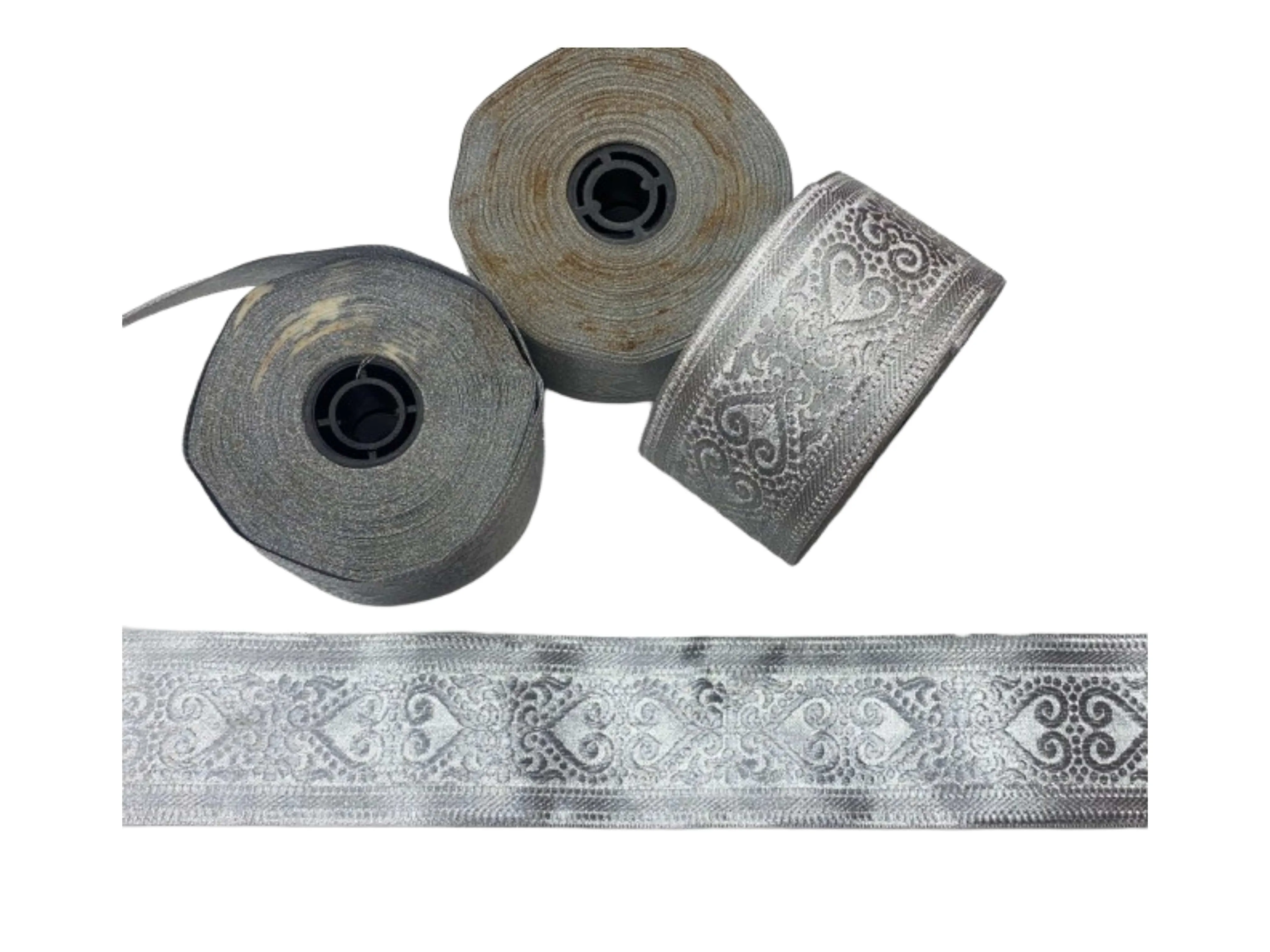 Metallic Jacquard Ribbon - Silver Heart 53mm (DEFECT)